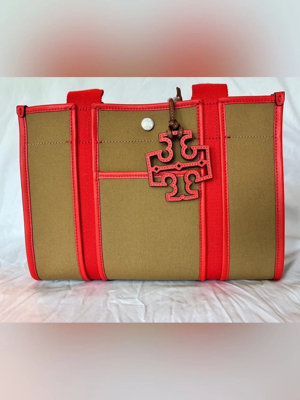 Tori Burch Tote Bag in Olive and Red with Logo Charm